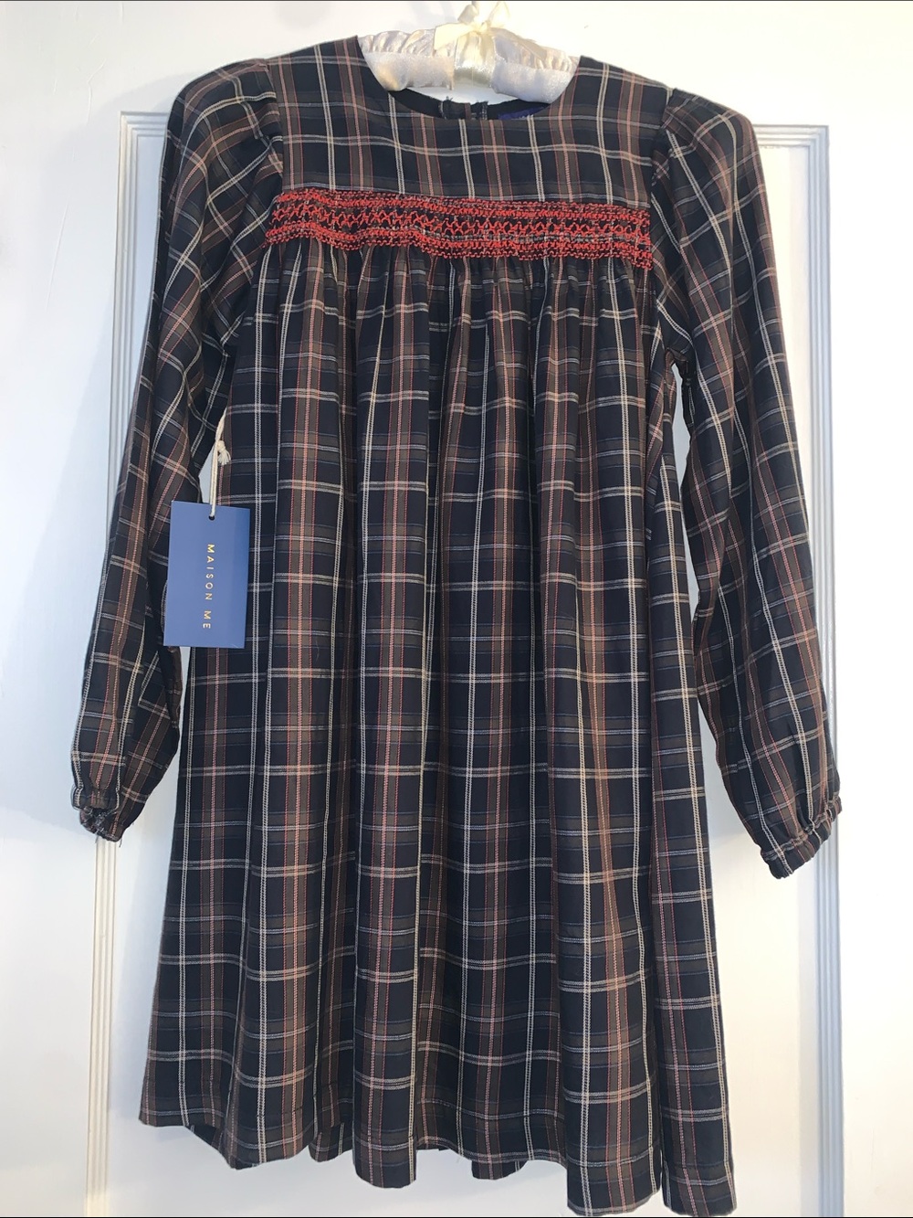 NWT Maison Me Navy & Brown Plaid Smicked Dress 10